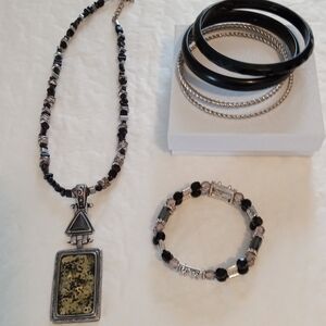 Laura Ashley Black and Silver Beaded Necklace with Pendant